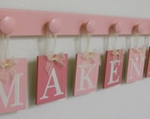 Baby Girl Nursery Wall Hanging Name Sign Set Includes 8 Wooden Hangers Painted Pinks for Princess MAKENZIE Birthday