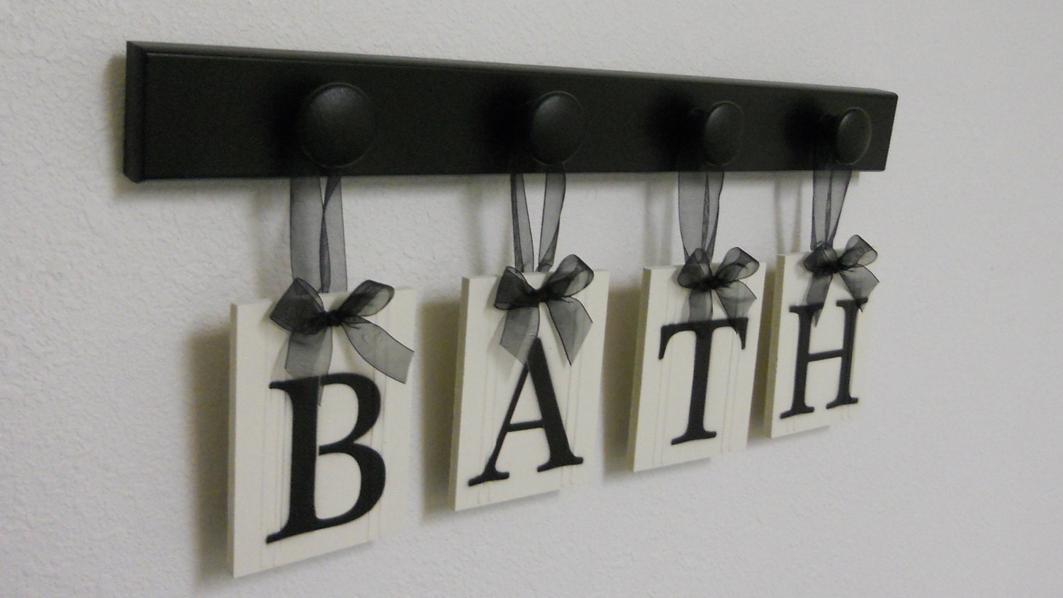 BATH Sign Personalized Handmade Hanging Letters Set Includes 4 Wooden Hooks and letters Painted Black. Restroom Wall Decor