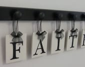 FAITH Home Decor Shabby Chic Sign Set Includes Matching 5 Hooks Black and White