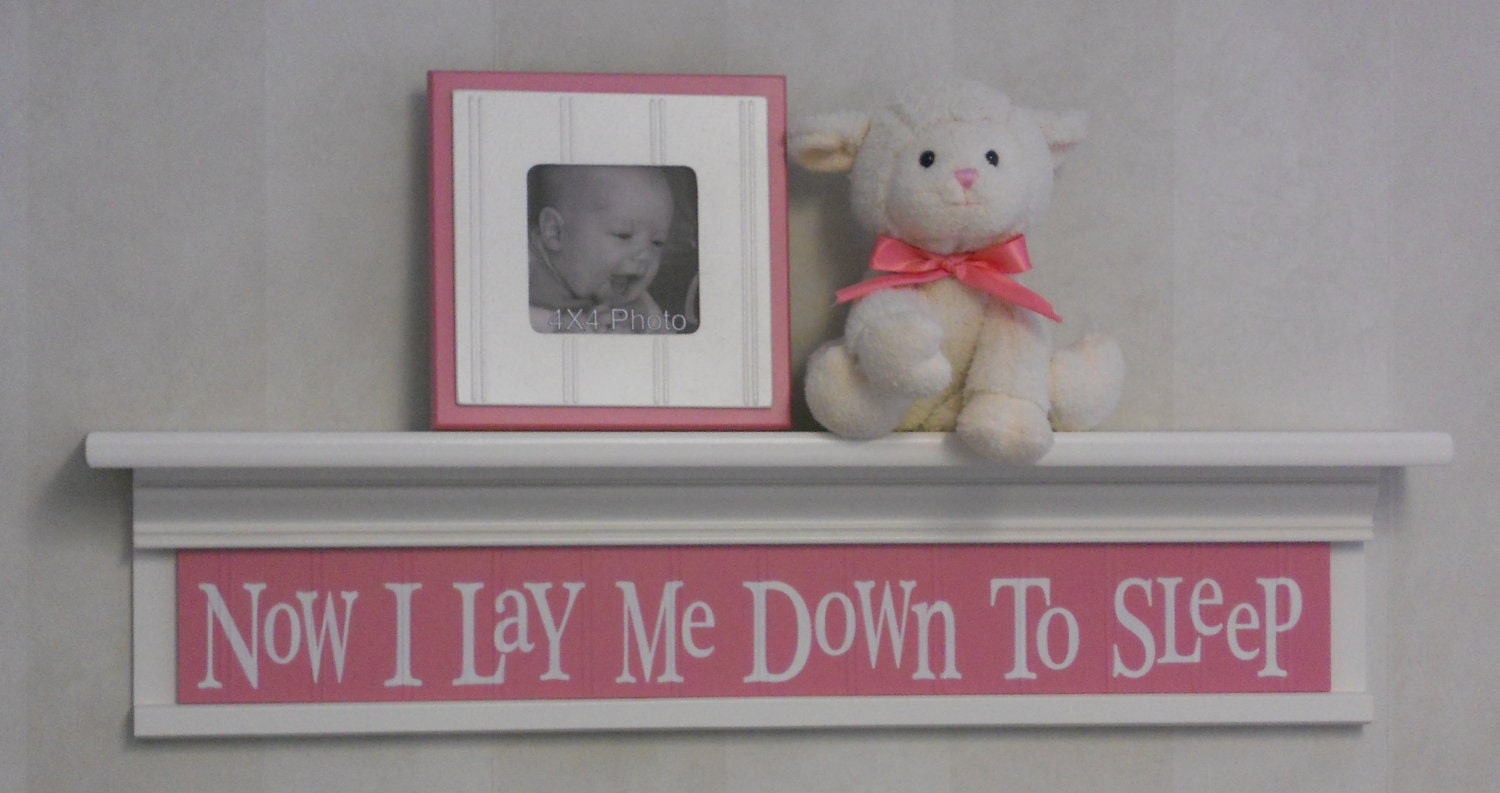 Pink Baby Nursery - Now I Lay Me Down To Sleep - Sign on 30" Shelf Linen White and Pink Verse Inspirational Christian Wall Art for Nursery