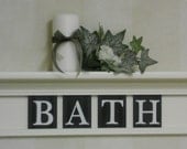 Bathroom Wall Home Decor Linen White and Black 24" Shelf with 4 Wooden Letter Tiles for BATH