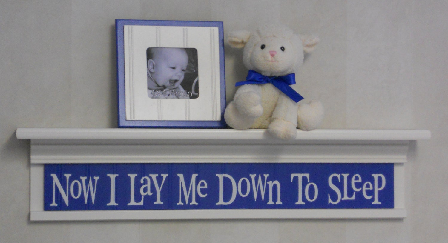 Blue Nursery Decor - Now I Lay Me Down To Sleep - Sign on 30" Shelf Linen White and Blue Verse Inspirational Christian Wall Art for Nursery