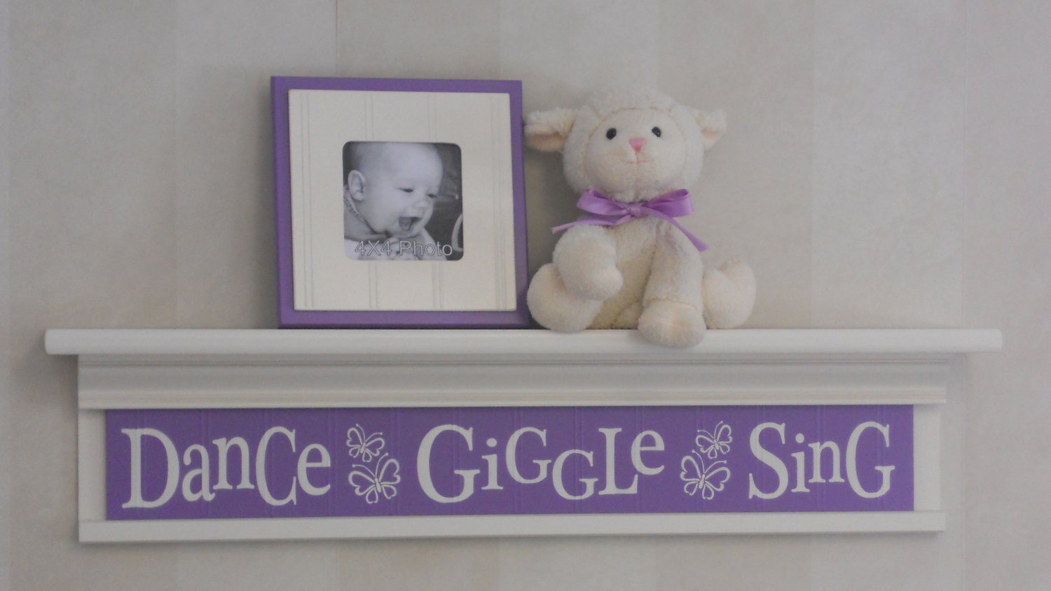 Whimsical Butterfly Nursery Wall Decor - Dance Giggle Sing - Sign on 30" Shelf Linen White and Purple