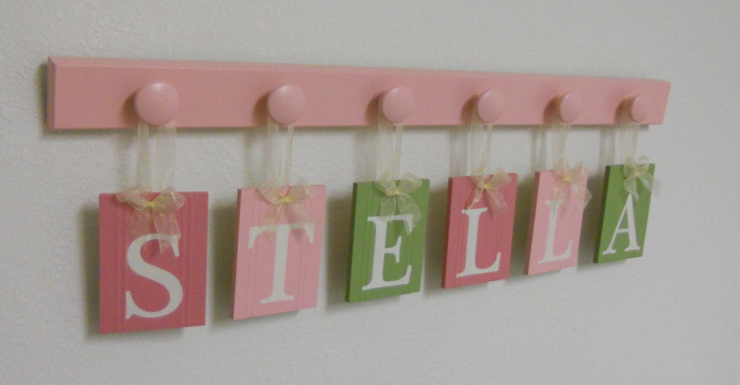 Baby Name Wall Hanging Sign Set Includes Letters 6 Wooden Pegs Pinks, Light Green - STELLA