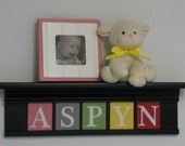 Children Decor - Nursery Wall Decor 24" Black Shelf and 5 Wooden Letter Plaques in Pink, Gray, Green, Yellow and Red - ASPYN