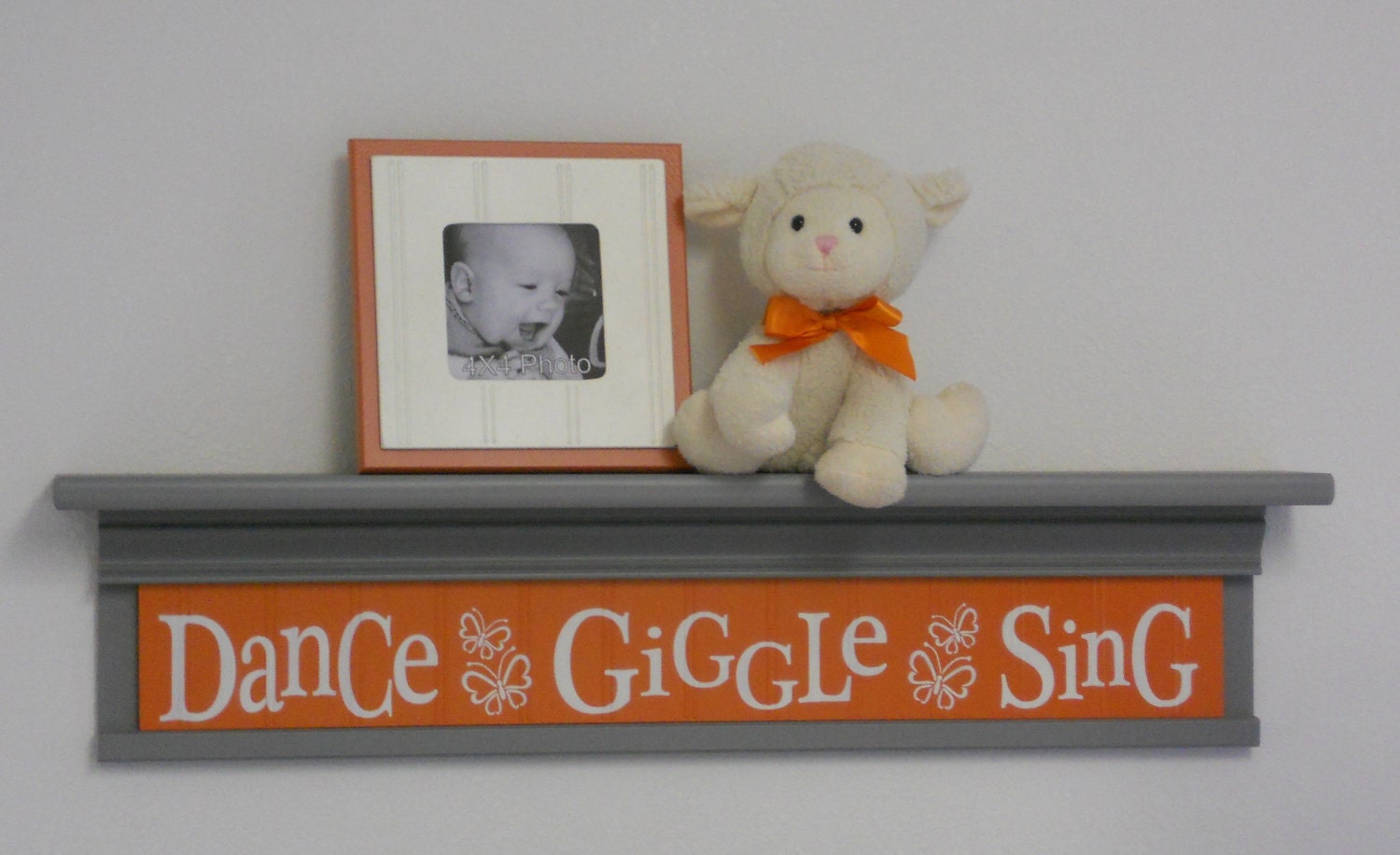 Orange Gray Nursery Decor - Dance Giggle Sing - Sign on 30" Shelf Grey and Tangerine Whimsical Flower Nursery Wall Decor