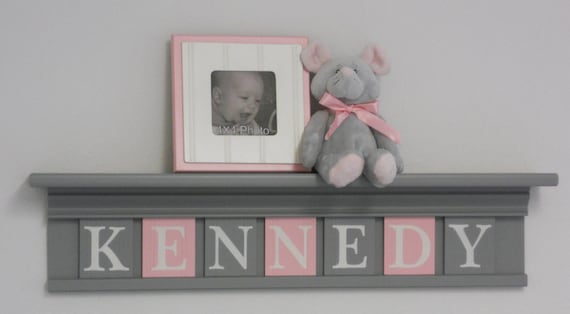 Pink and Gray Nursery Girl Wall Decor 30" Grey Shelf - Sign with 7 Wood Letters Custom for KENNEDY