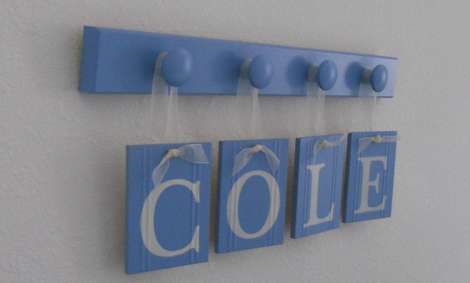 Boys Birthday Gifts Hanging Nursery Wall Letters Personalized for COLE Set Includes Name and 4 Wooden Pegs Painted Light Blue