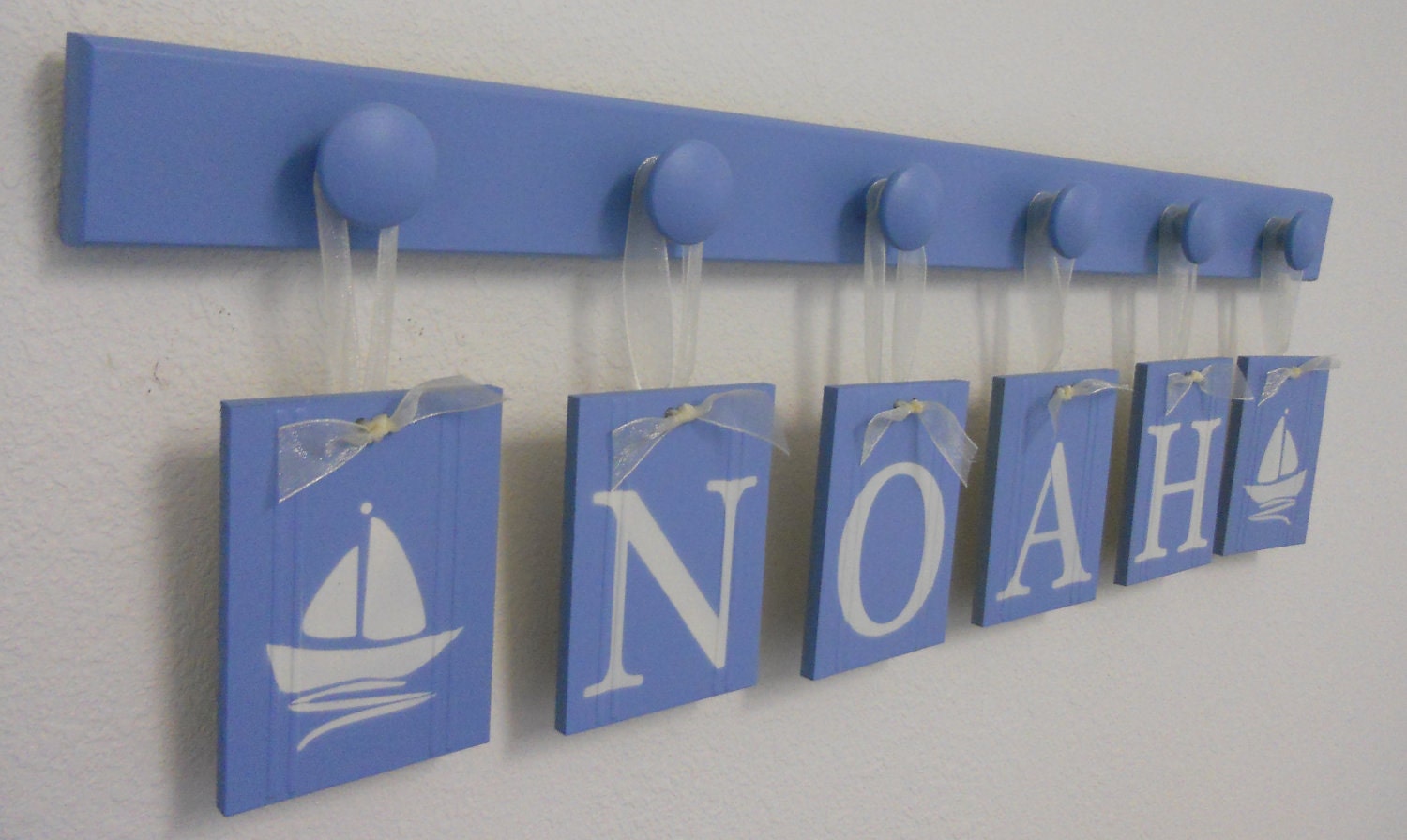 Baby Nursery Wall Art Name Sign NOAH with BOAT and 6 Wooden Peg Shelf Painted Light Blue