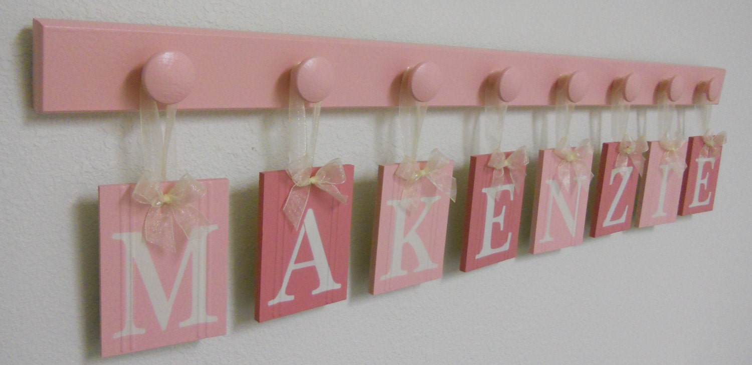Baby Girl Nursery Wall Hanging Name Sign Set Includes 8 Wooden Hangers Painted Pinks for Princess MAKENZIE Birthday