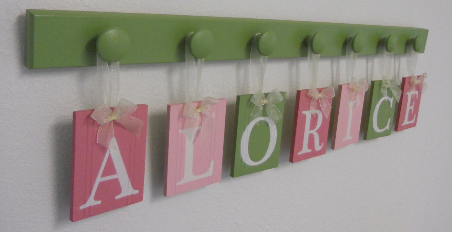 Baby Girl Nursery Wall Decorations Letter Sign, Wooden Baby Name Personalized Hanging Letters - 7 Wood Hooks Pinks and Green ALORICE