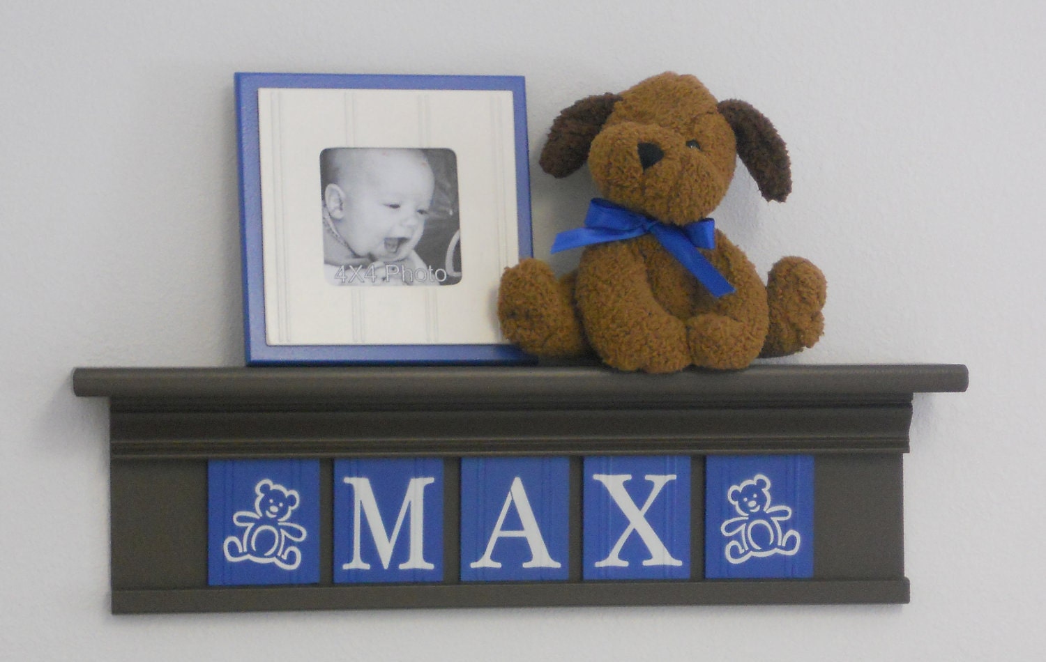 Teddy Bear Nursery Decor 24" Shelf With 5 Letter Wooden Tiles Painted Blue and Brown - MAX with Teddy Bear