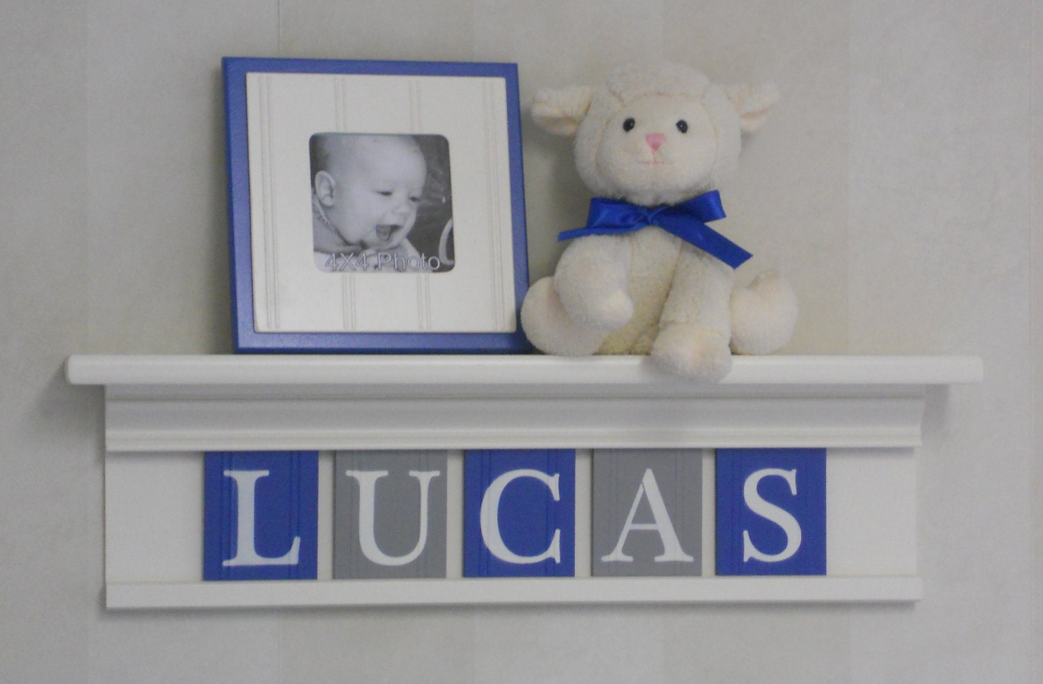 Blue and Gray Baby Boy Nursery Decorations - Baby Name Sign for LUCAS - 24" Shelf 5 Wooden Letter Tiles