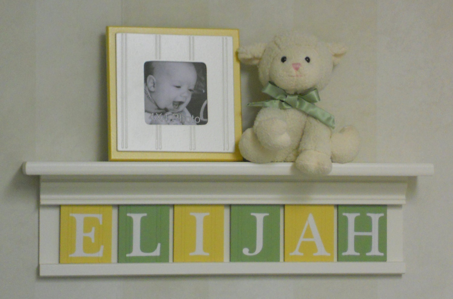 Yellow and Green Baby Boy Nursery Art Decor - 24" Shelf - Sign 6 Pastel Soft Green and Yellow Wooden Wall Letters - ELIJAH
