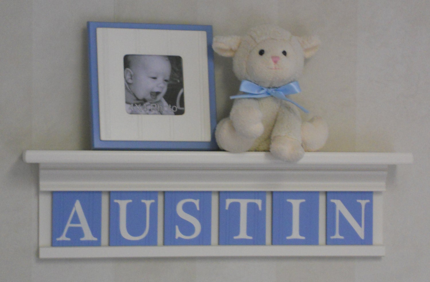 Baby Blue Wall Letters Baby Boy Nursery Art Decor - 24" Linen White Shelf with 6 Pastel Blue Letters - AUSTIN