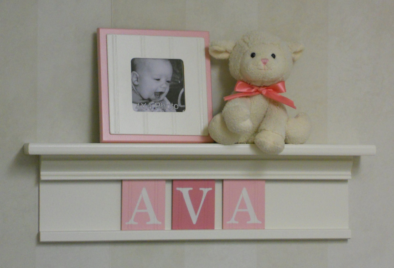 Pink White Baby Shower Decorations - Baby Girl Nursery Decor - AVA - 24" Shelf with 3 Wooden Letters