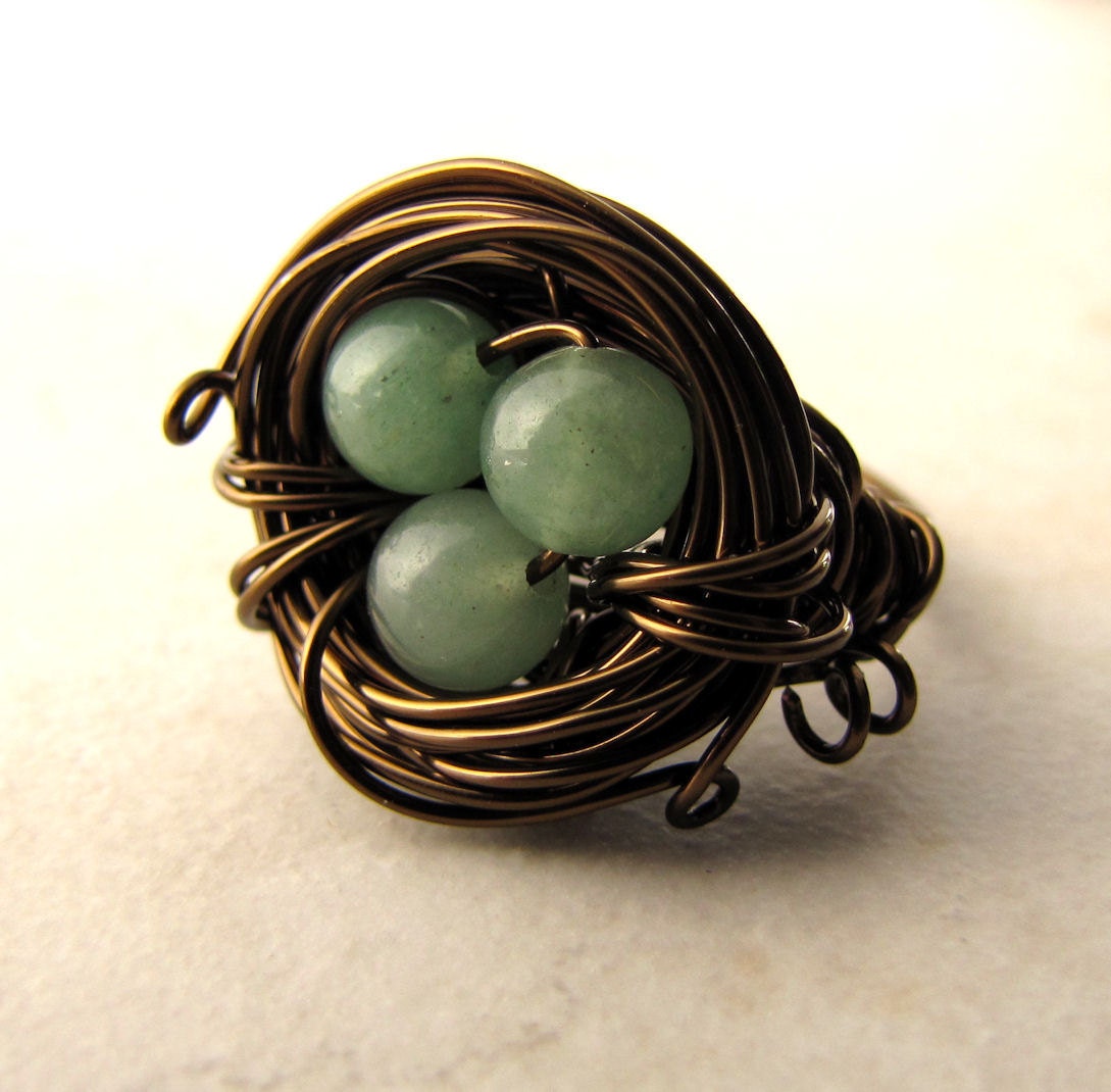 Birds Nest Ring Green Eggs Jade Bronze Wire Wrapped Size 6.5 BellinaCreations Bellina Creations