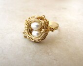 Birds Nest Ring Hummngbird Nest Pearl Eggs Gold Wire Wrapped Size BellinaCreations Bellina Creations size 9