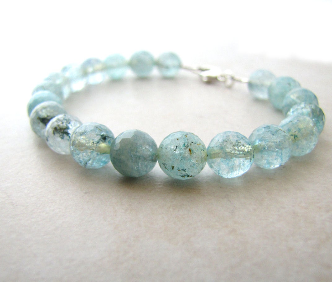Aqua Quartz Bracelet Ice Flake Snowflake Quartz Gemstone Beaded BellinaCreations Bellina Creation