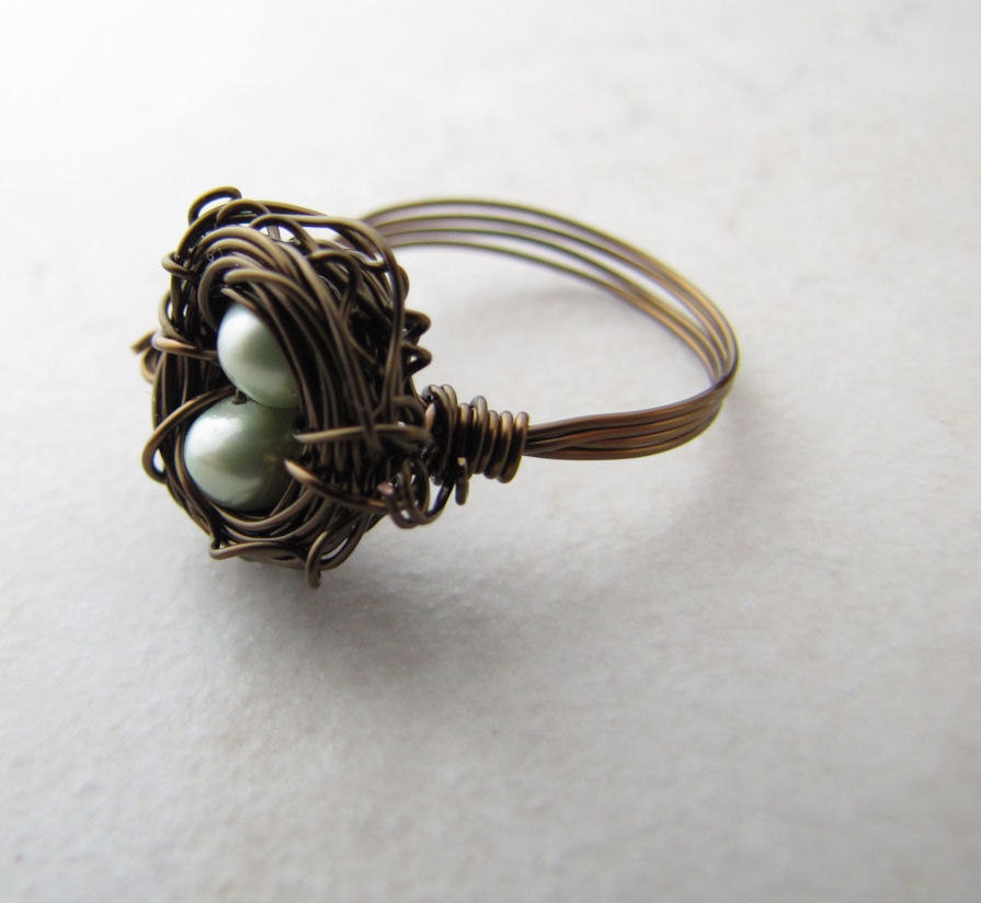 Birds Nest Ring Mint Green Pearl Eggs Hummingbird Nest Bronze Wire BellinaCreations Bellina Creations Wrapped Size 6.5