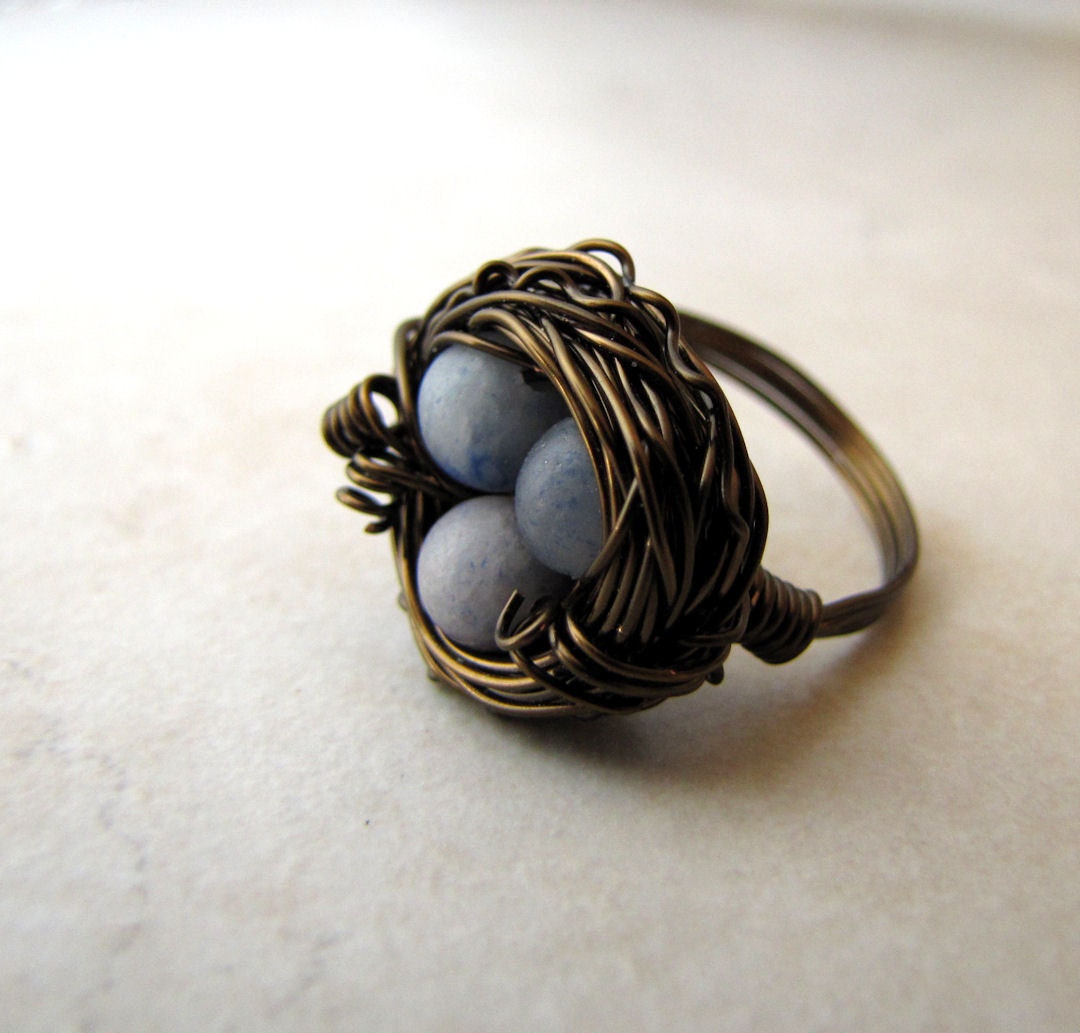 Birds Nest Ring Blue Eggs Lapis Lazuli Bronze Wire Wrapped Size 7
