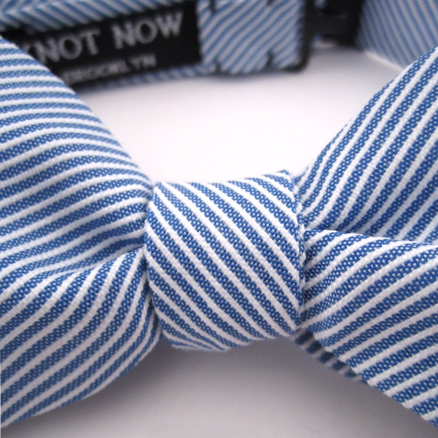 Men's Bow Tie - Blue and White Striped Cotton
