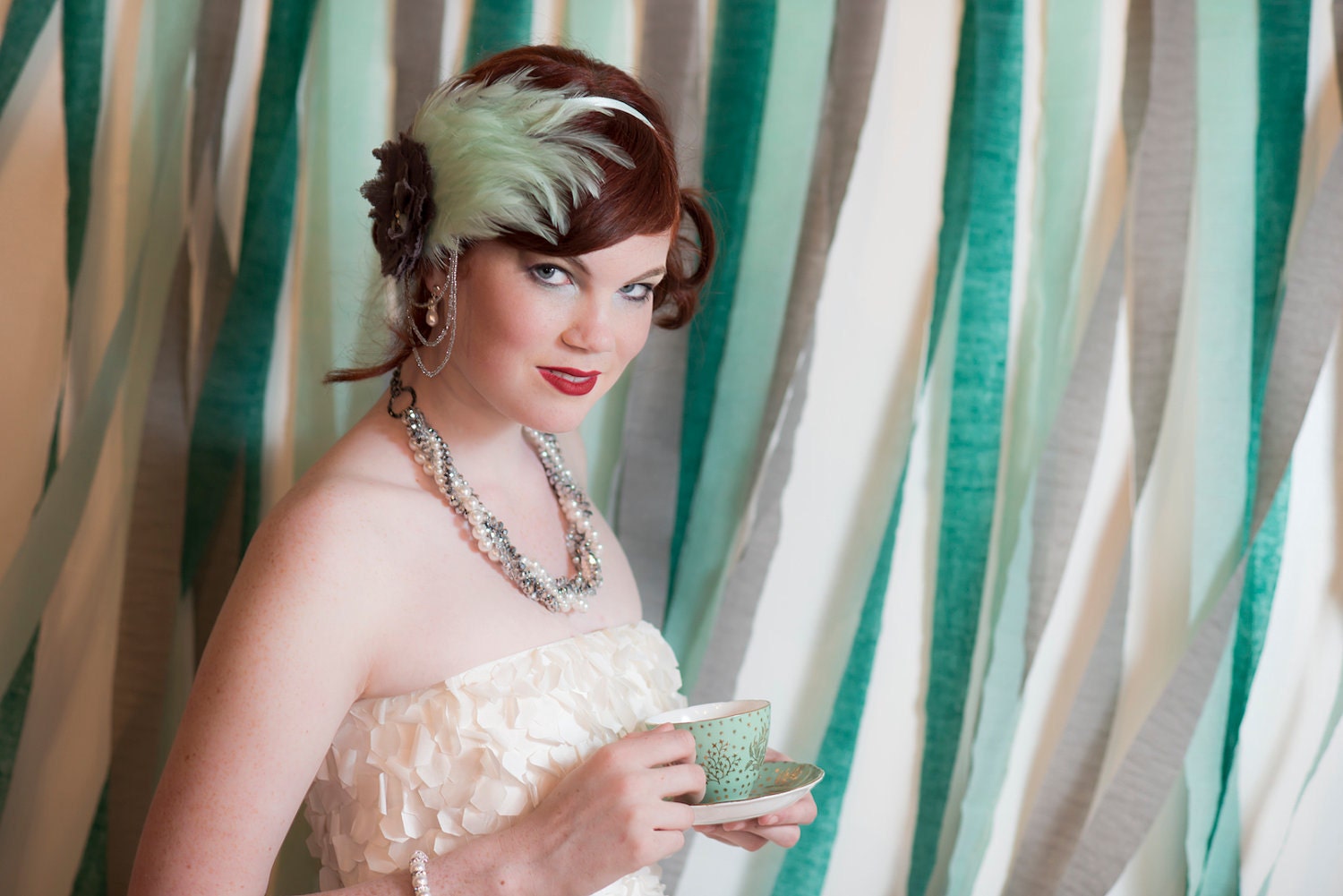 Seafaring Siren Bridal Prom Headpiece Feather Fascinator Mint Green Wedding Headband Flapper Millinery