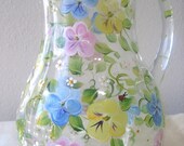 hand painted glass pitcher with pansies, Mothers Day, wedding , flower vase,