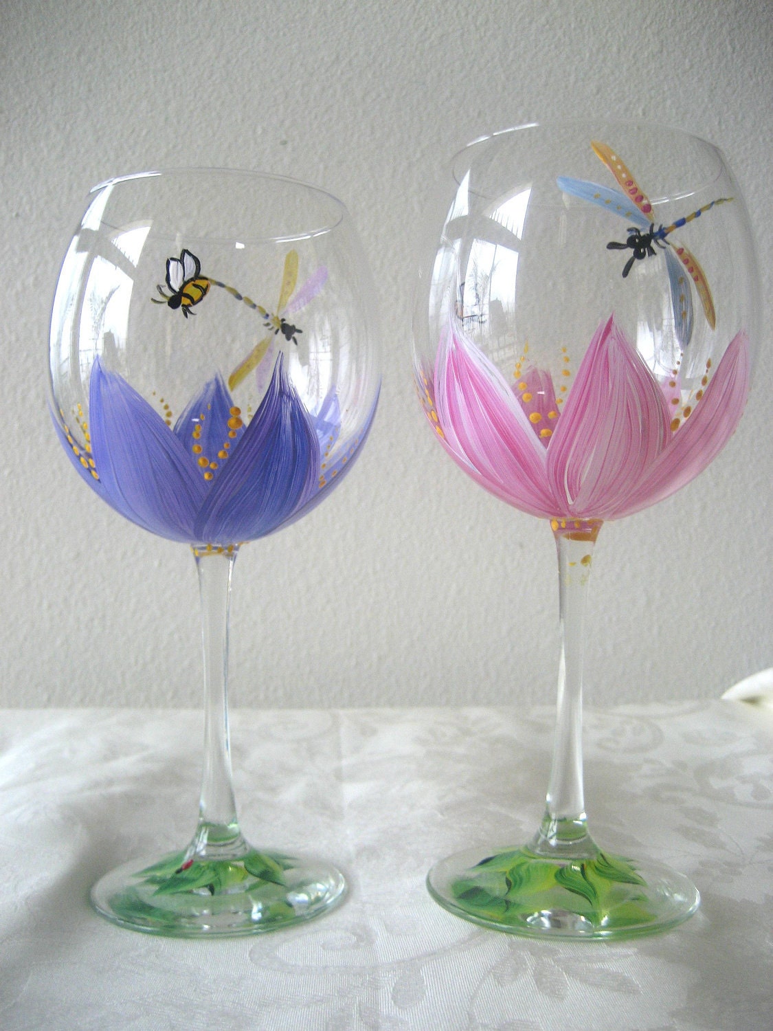 Hand painted wineglass, Set Of Two,                    lotus flower, waterlily, Mothers Day, pink and blue/purple,dragonfly