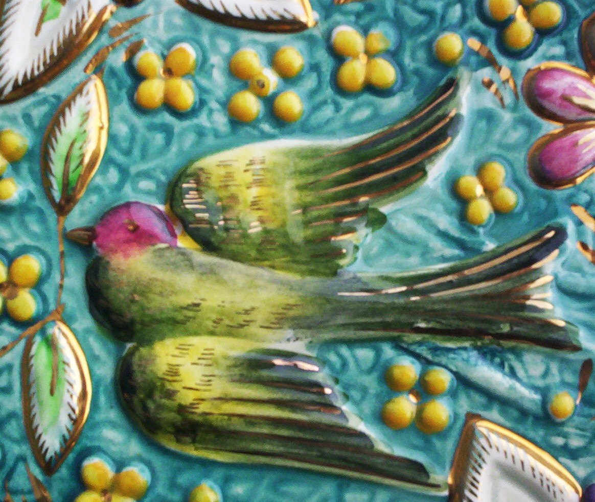 Belgian Majolica. Henri Bequet's Anemone and Bird Plate. Bequet's Pottery.