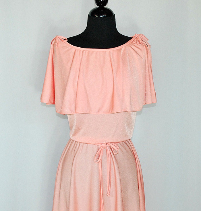 Vintage 70's Peach Disco Dress Shawl Collar