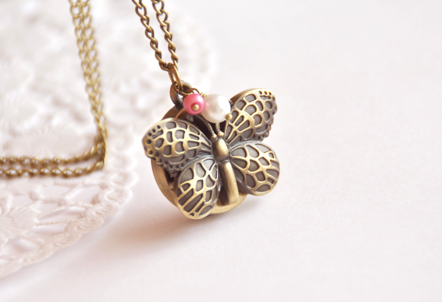 Romantic antique style butterfly pocket watch necklace