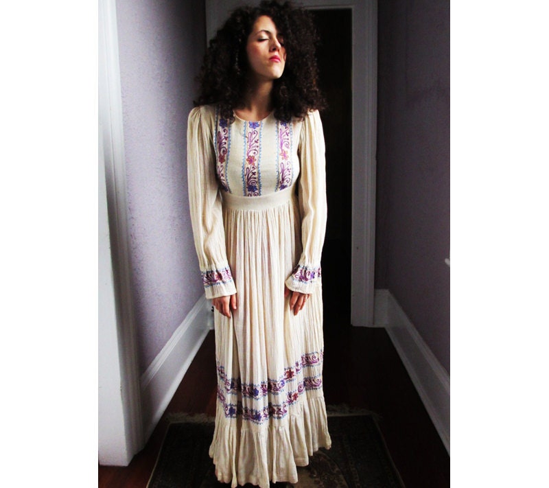 60s Vintage Embroidered Gauze Hippie Dress small by PaisleyBabylon