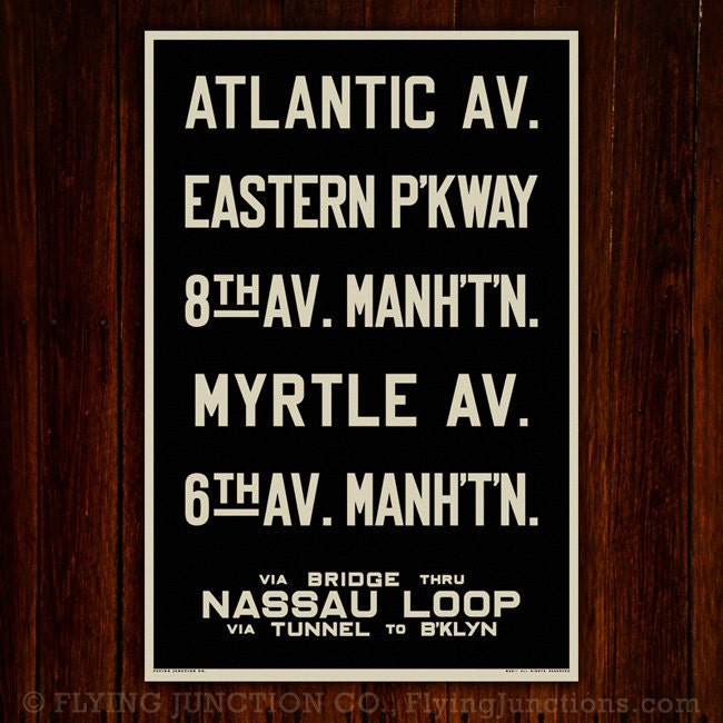 BROOKLYN & MANHATTAN (Nassau Loop) New York City Subway Sign. Bus Scroll. 12 x 18 Rollsign Print