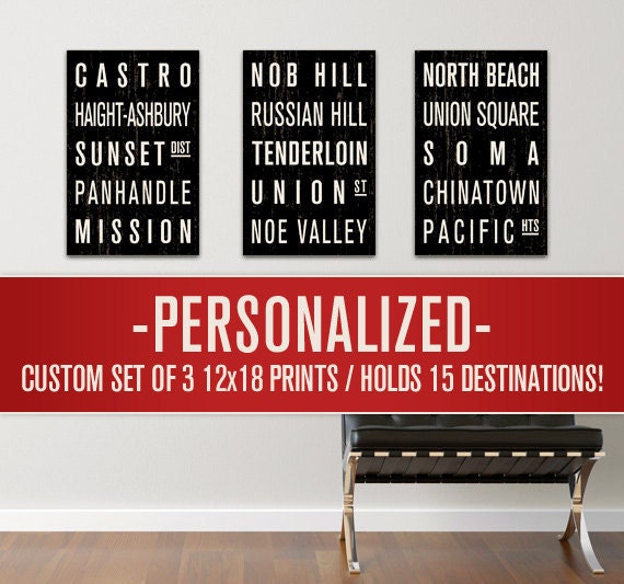 PERSONALIZED Collection of 3 Subway Sign Prints. Bus Scrolls. 12 x 18