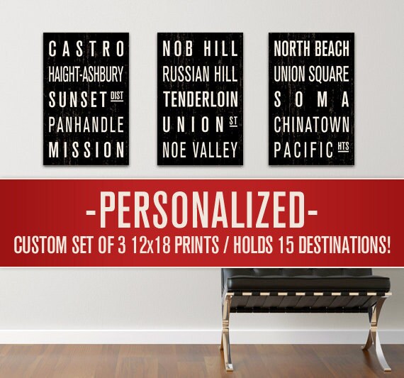 PERSONALIZED Collection of 3 Subway Sign Prints. Bus Scrolls. 12 x 18