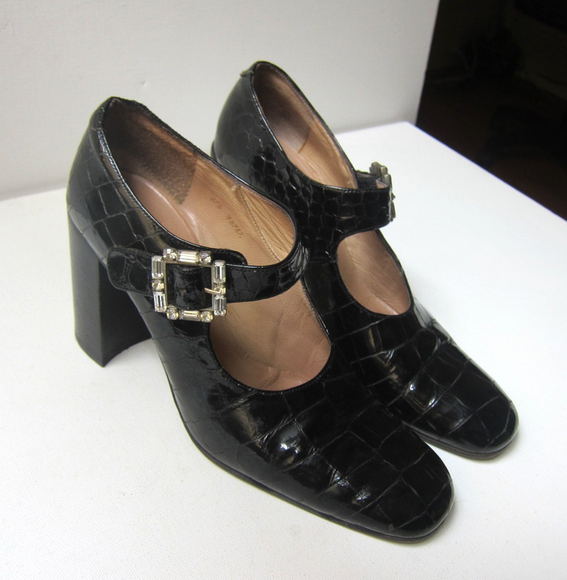 Shoes Vintage French black patent crocodile rhinestone buckle mary janes size 37 1/2