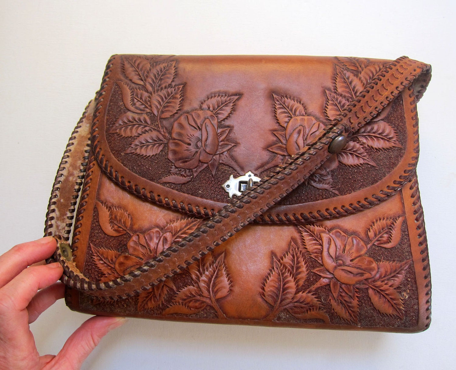 Vintage original hippie boho 1960s hand tooled tan leather bag
