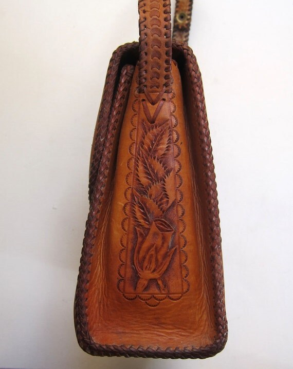 Vintage original hippie boho 1960s hand tooled tan leather bag