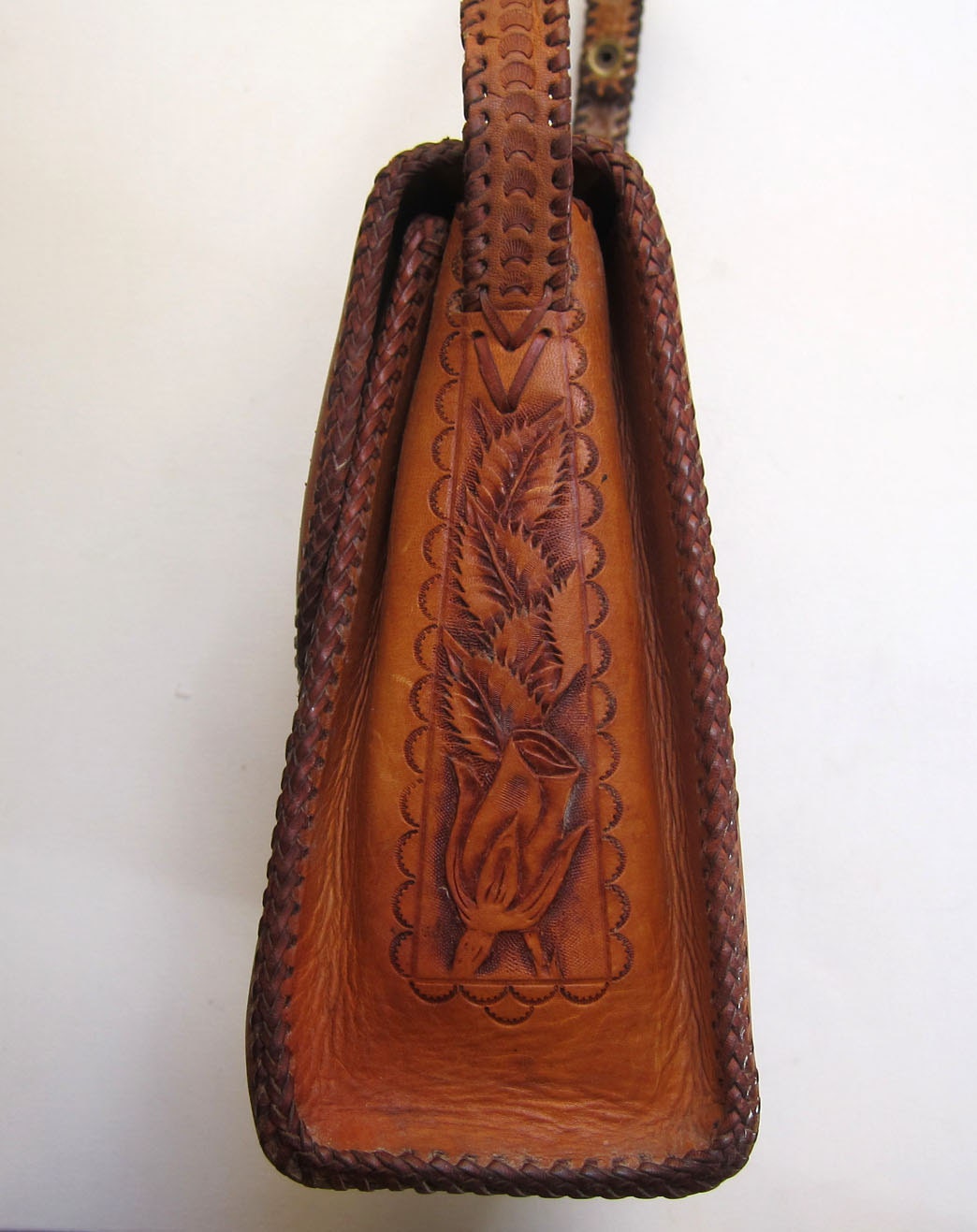 Vintage original hippie boho 1960s hand tooled tan leather bag