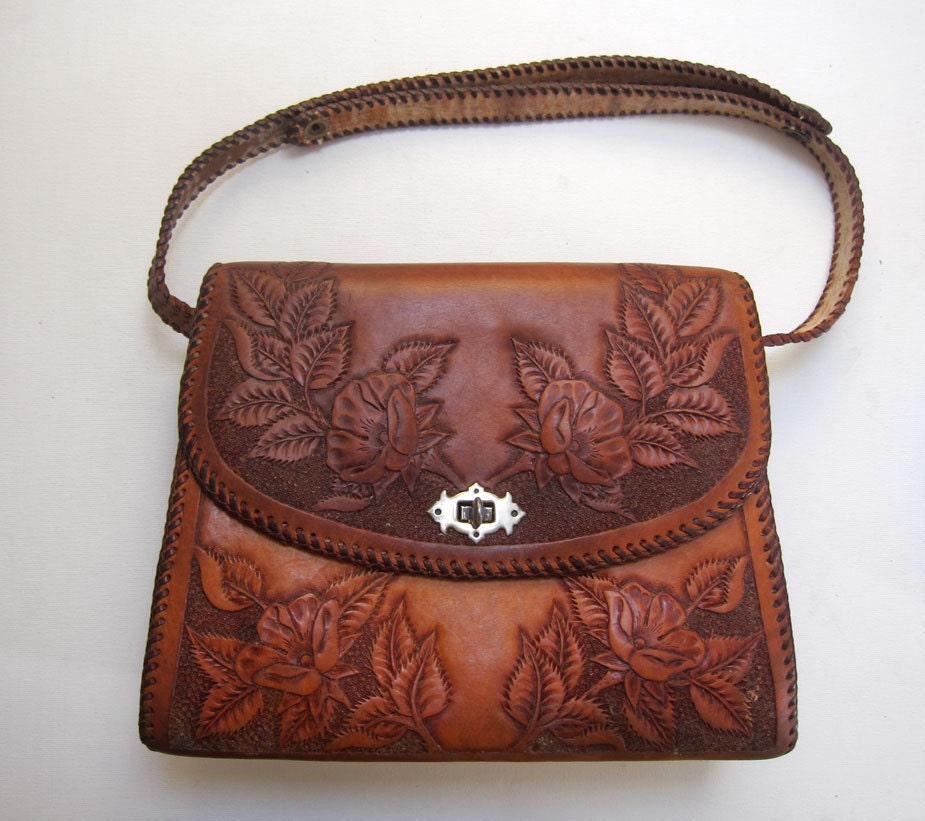 Vintage original hippie boho 1960s hand tooled tan leather bag