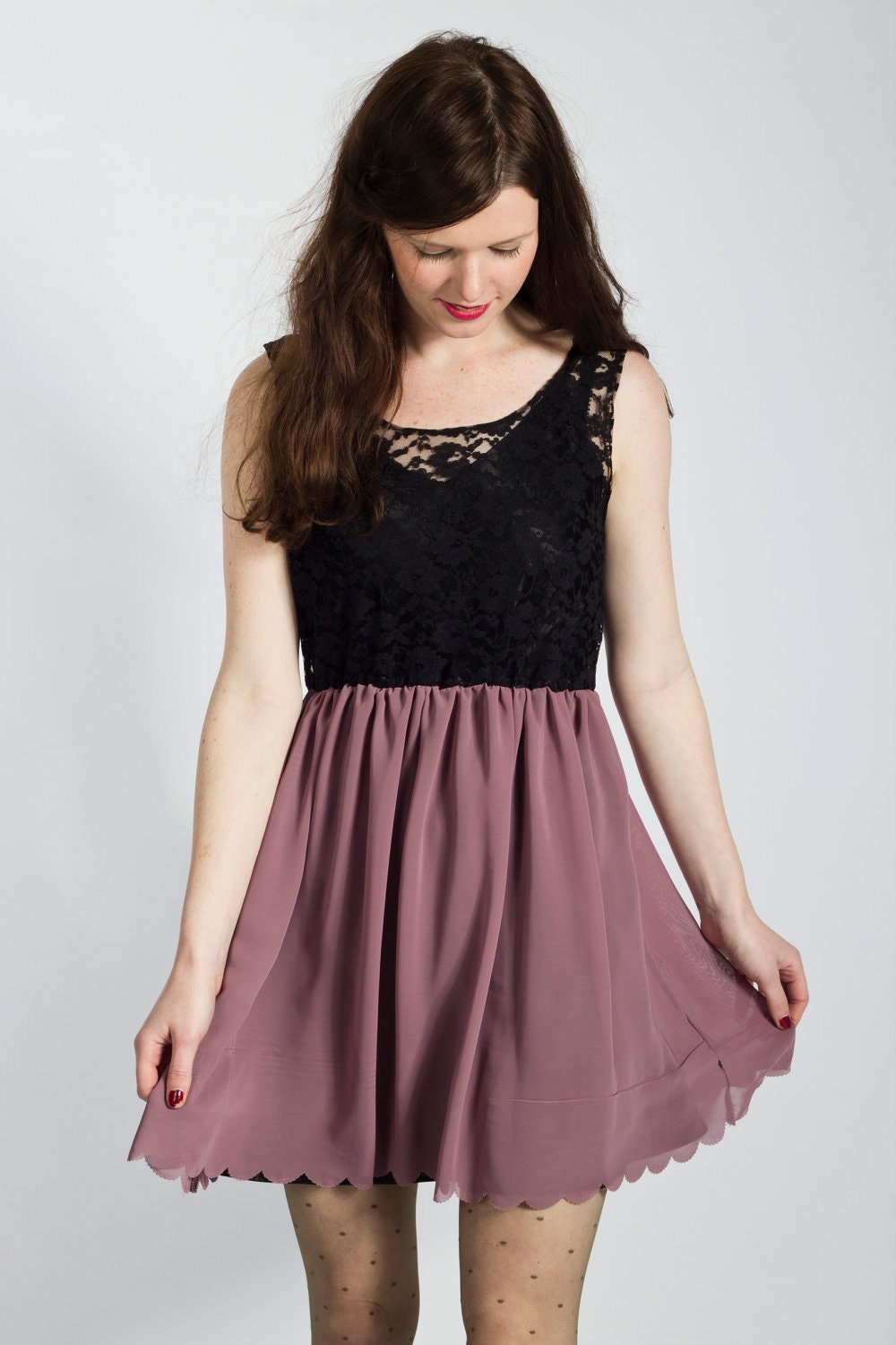 Lace & chiffon floral baby doll dress Kee Boutique 60s scalloped edge