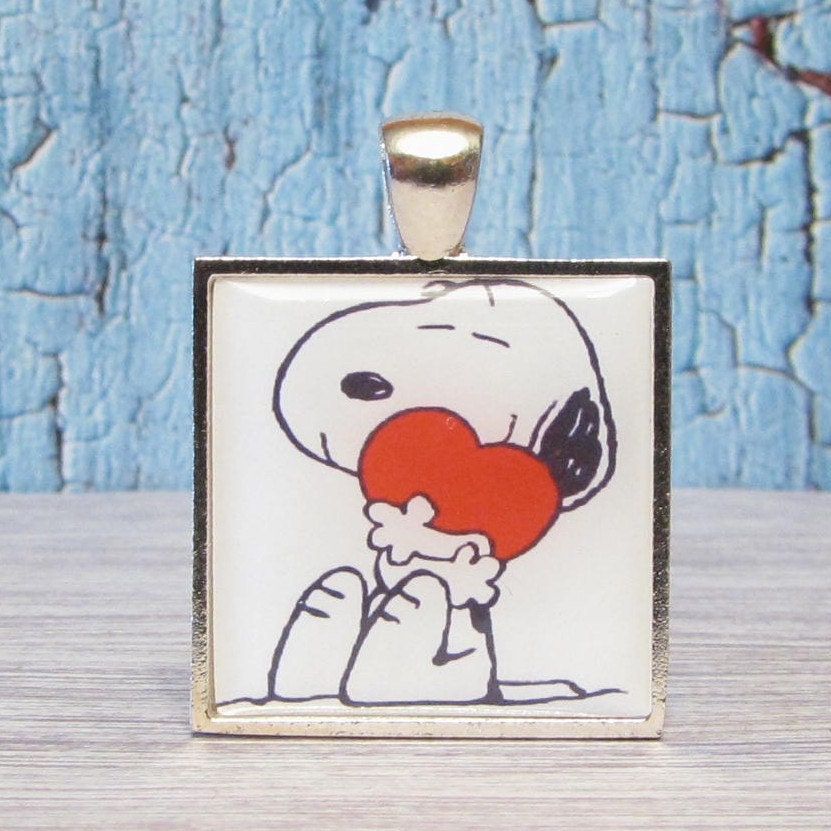Snoopy Love - 1 inch Square Pendant with Free Ball Chain or Keyring (639)