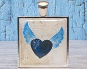 Blue Heart with Wings - 1 inch Square Pendant with Free Ball Chain or Keyring (755)