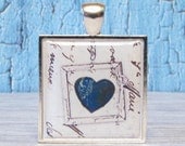 Framed Dark Blue Heart - 1 inch Square Pendant with Free Ball Chain or Keyring (757)