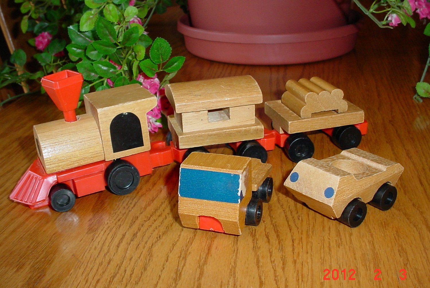 1970s Vintage Wood MATTEL Train and Trucks