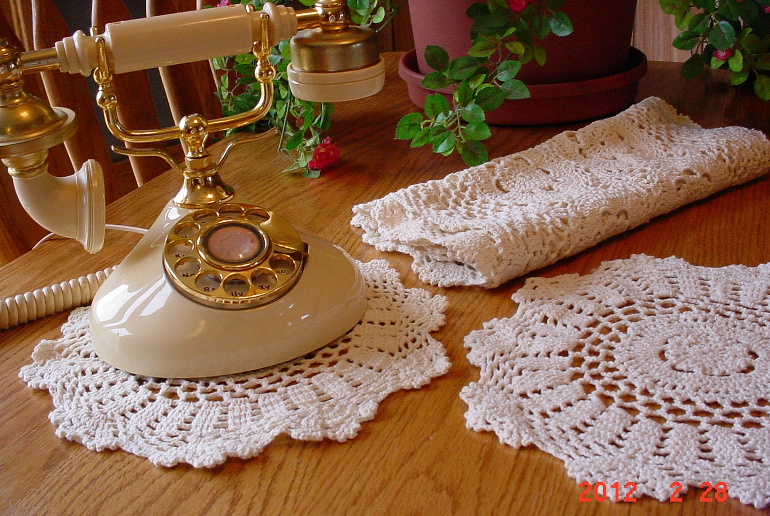 Vintage Crocheted Table Runner and Two Matching Doilies