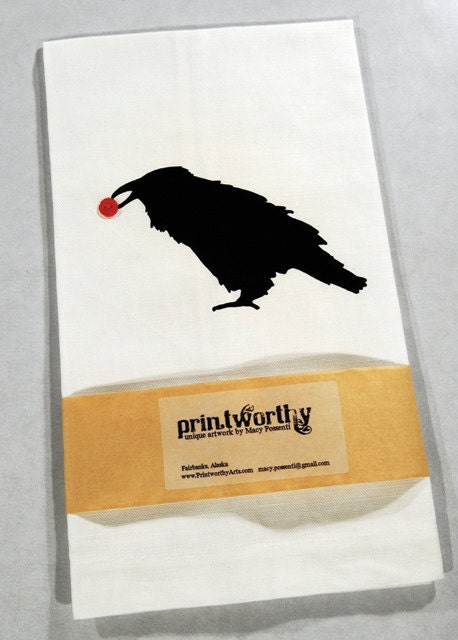 Linen Kitchen Towel with Raven