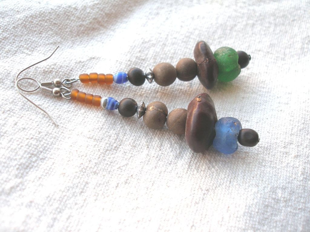 African Seed & Recycled Glass long Earrings