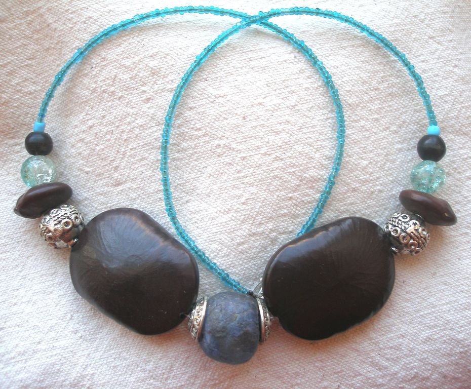 African Krobo Recycled glass Seed metal Blue ocean necklace by Fianaturals on Etsy